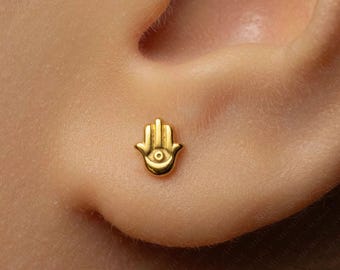 Hamsa Hand Stud, Threadless Flat Back Earring, Minimalist Style, A-SS1455