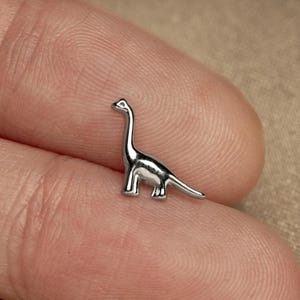 May include: A small, silver-toned metal stud earring shaped like a long-necked dinosaur, specifically a sauropod. The piece features a smooth, polished finish with a distinct head, a long neck, a rounded body, four legs, and a pointed tail.
