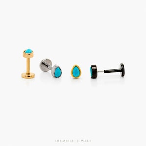 Tiny Teardrop Turquoise Threadless Flat Back Earring, 20,18,16ga, 5-10mm Unisex, Surgical Steel SHEMISLI SS596