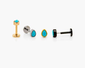 Teardrop Turquoise Stud, Threadless Flat Back Earring, Minimalist Style, A-SS596