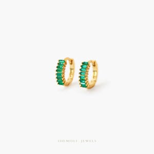 Baguette CZ Hoop Earring, White Stone, Emerald, Turquoise, Sapphire, Black Stone, Unisex, Gold, Silver SH065, SH150, SH333, SH334, SH335