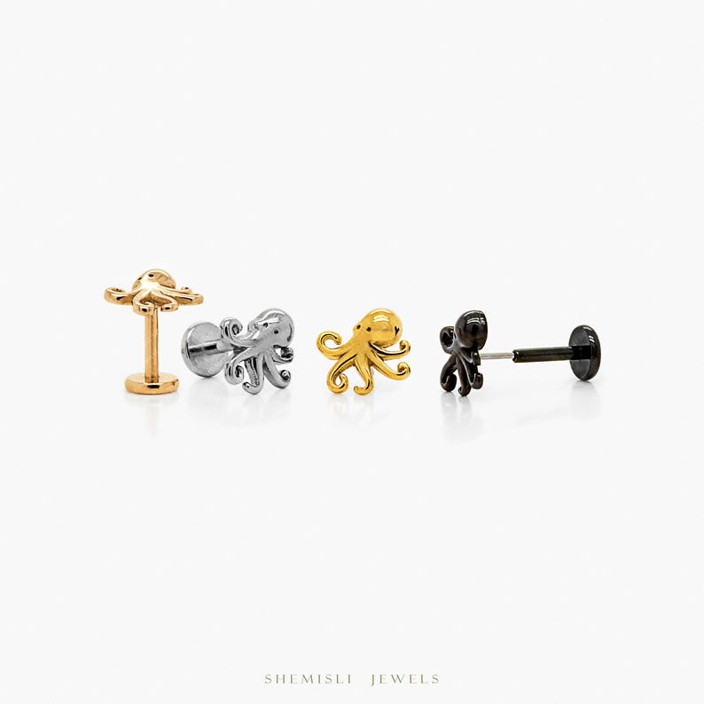 Octopus Stud, Threadless Flat Back Earring, Minimalist Style, A-SS576 image 2