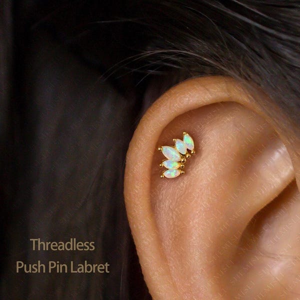 Tiny 5 Leaf Opal Stone Crown Threadless Flat Back Earring, 20,18,16ga, 5-10mm, Unisex, Stainless Steel SHEMISLI SS585