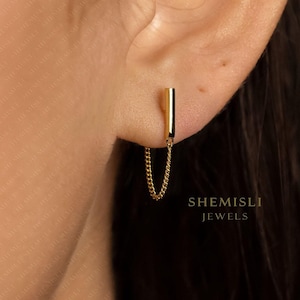 Clous d'oreilles barre avec chaîne, unisexe, or, argent SHEMISLI SS363