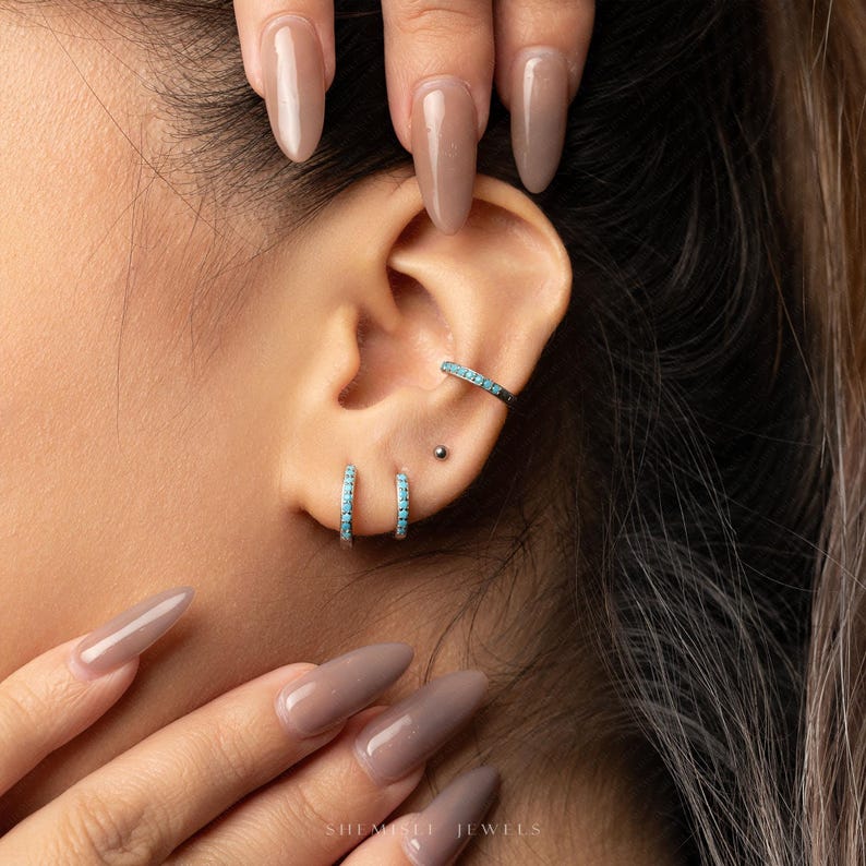 Simple Turquoise Hoop, Huggies Earring, Minimalist Style, A-SH126 SH127 SH128 SH129 SH130 SH131 image 5