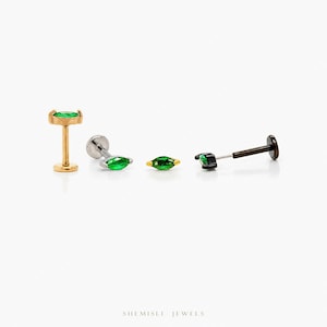 Tiny Emerald Marquise Threadless Flat Back Earring, 20,18,16ga, 5-10mm, Unisex, Surgical Steel, SHEMISLI SS582