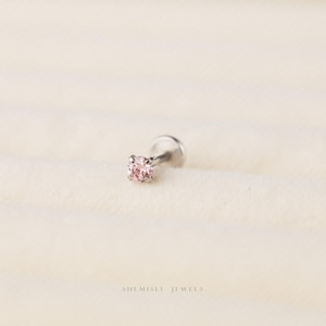 Petit clou tragus sans filetage à dos plat en tourmaline rose, calibre 20,18,16, 5-10 mm, unisexe, acier chirurgical, SHEMISLI SS623