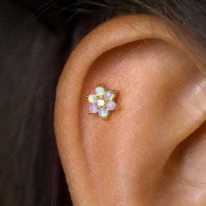 Opal Lily Flower Stud, Threadless Flat Back Earring, Minimalist Style, A-SS559