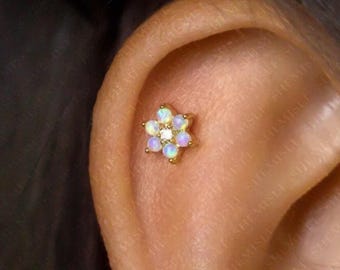 Opal Lily Flower Stud, Threadless Flat Back Earring, Minimalist Style, A-SS559