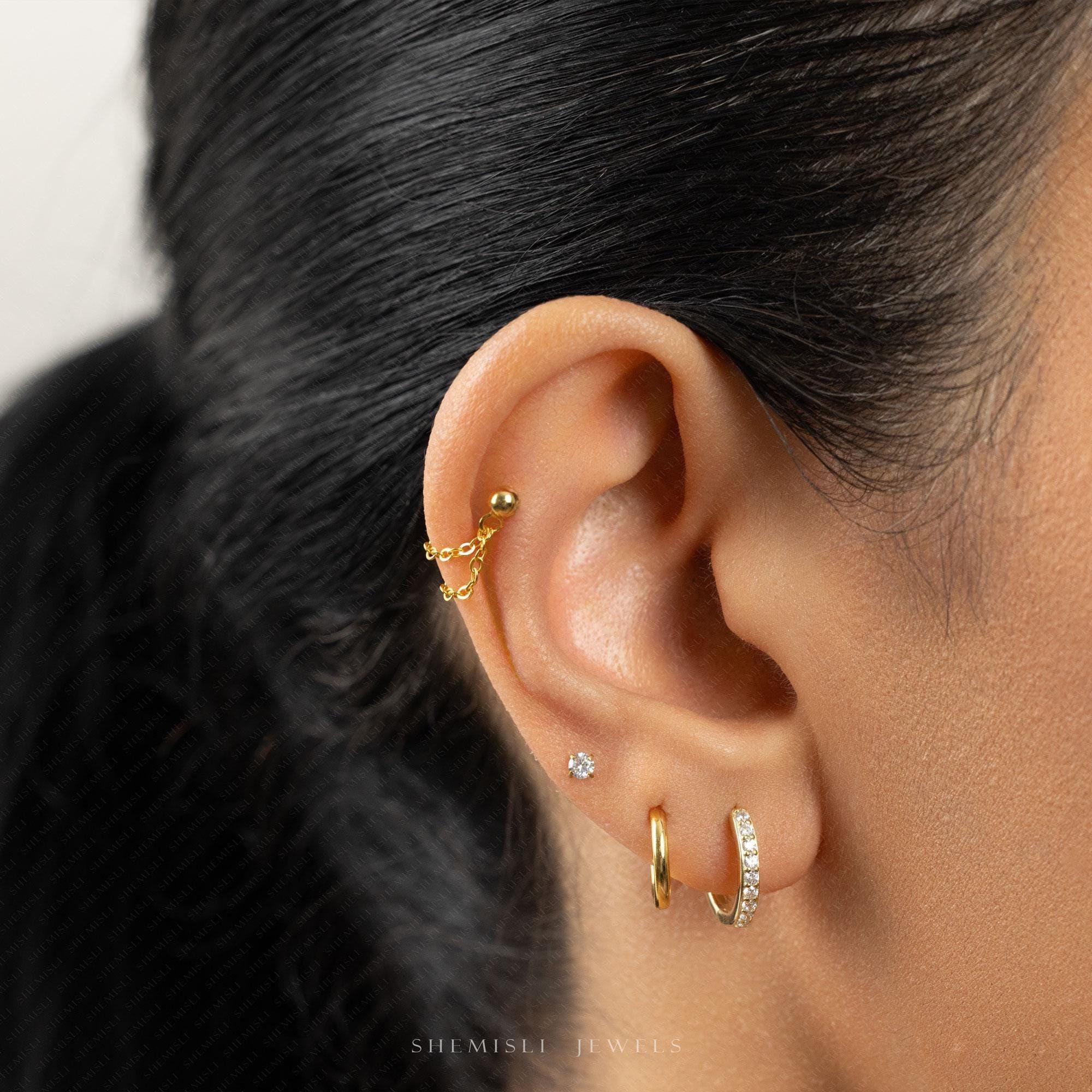Double Chain Helix Earring With Screw Ball End, Unisex, Gold, Silver SHEMISLI SS1332 (Type A Ball End)