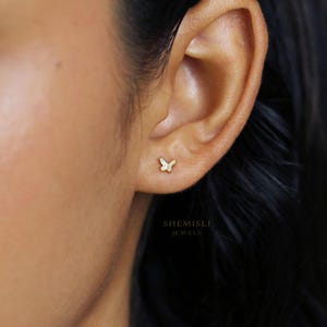 Petite boucle d'oreille papillon, unisexe, or, argent - SS042 extrémité papillon, extrémité sphérique à vis SS486 (type A)