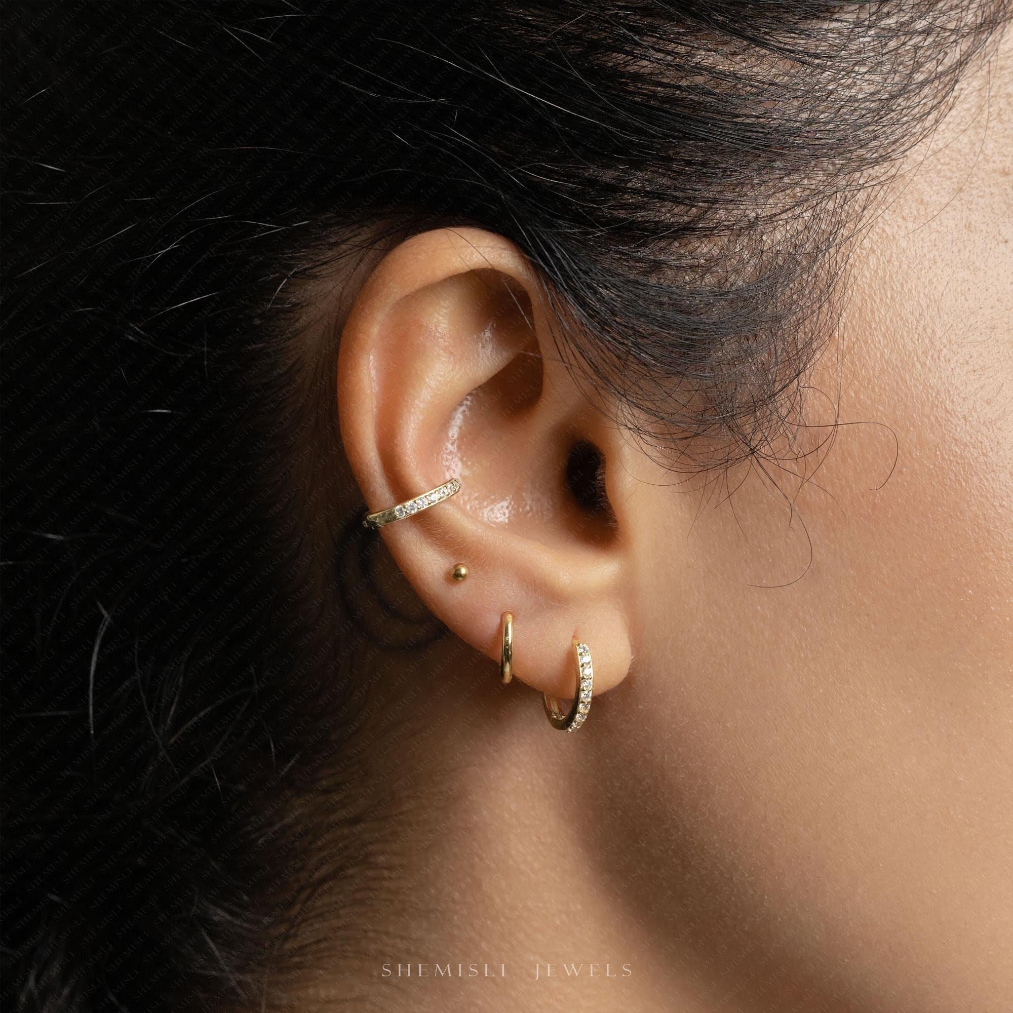 Simple White Stone, Clear CZ Conch Hoop Earring, Huggies, 8