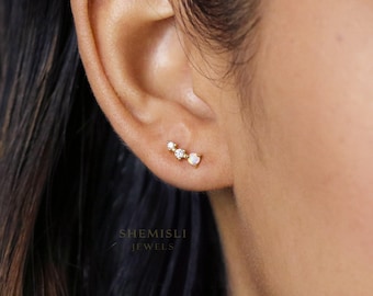Tiny Opal Stone Climber Stud Earring, Unisex, Gold, Silver - SS162 LR
