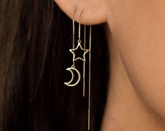 Moon Star Ear Threader, Stud Earring, Minimalist Style, A-ST011 NOBKG