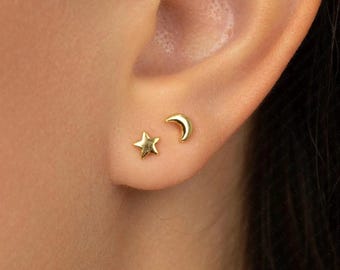 Moon and Star Stud, Butterfly End or Screw Ball End Earring, Minimalist Style, A-SS077 SS857