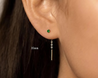 Emerald Gem Ear Threader, Stud Earring, Minimalist Style, A-ST017 ST018 NOBKG