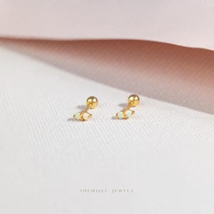 Boucles d'oreilles minuscules 2 pierres d'opale avec embout à visser sphérique, unisexe, or, argent SHEMISLI SS737