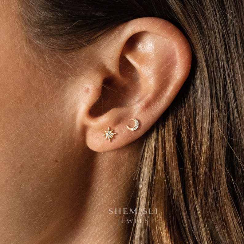 Moon and Star Earrings, Mismatched Celestial Studs, Mini Starburst SHEMISLI SS035+SS036 Butterfly Back, SS351+SS352 Screw Ball Back (Type A)