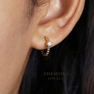 Single CZ Beaded Hoop, White Stone, Emerald, Turquoise, Sapphire, Black Stone, Unisex, Gold, Silver SH066, SH147, SH148, SH336, SH337