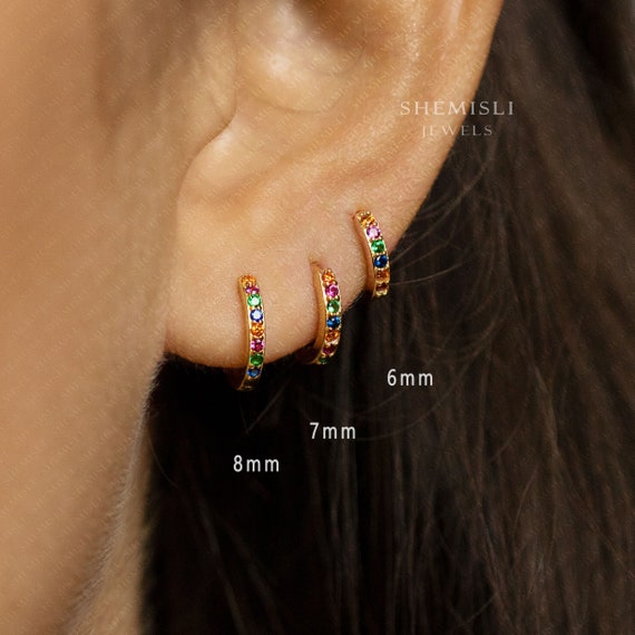 Multicolored Stone Hoop Earring, Rainbow Huggies, 6, 7, 8, 9 Multicolored Stone Hoop Earring, Rainbow Huggies, 6, 7, 8, 9