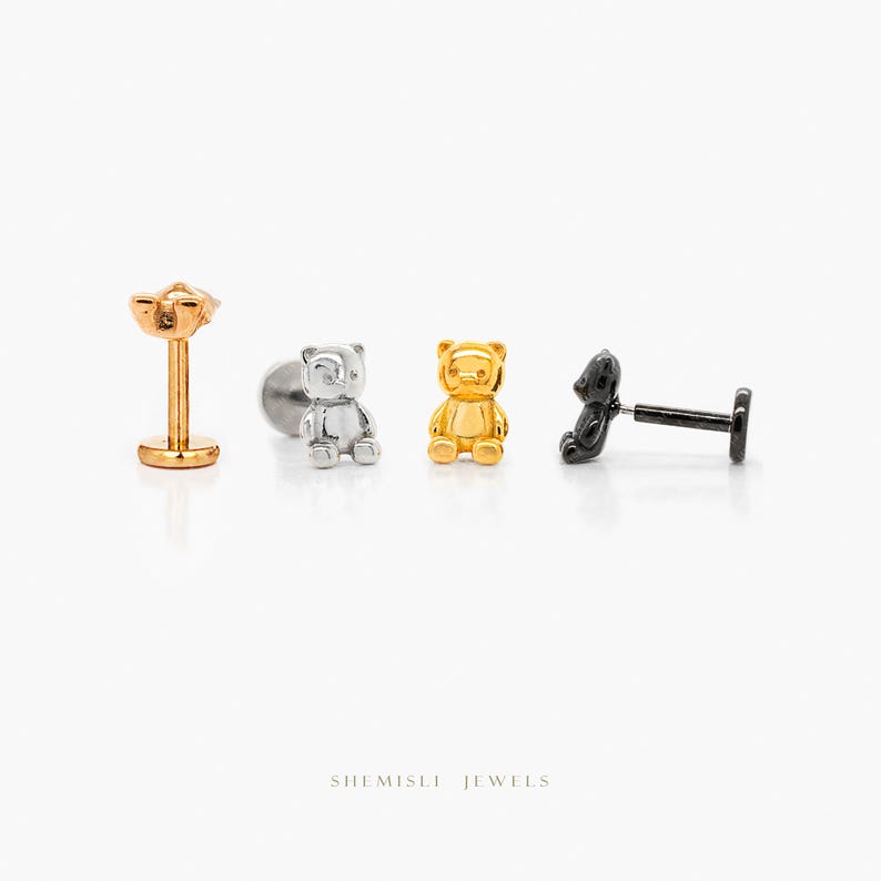 Teddy Bear Nose Stud, Threadless Flat Back, Minimalist Style, A-SS978 image 2