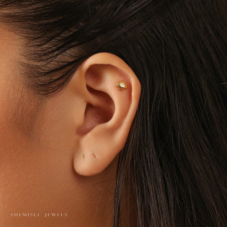 Fan Shaped Shell Stud, Threadless Flat Back Earring, Minimalist Style, A-SS926 image 2