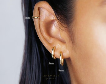 Simple Round Hoop Earring, 6, 7, 8, 9, 10, 12, 14mm Huggies, Unisex, Gold, Silver SH586, SH587, SH588, SH589, SH590, SH592, SH009