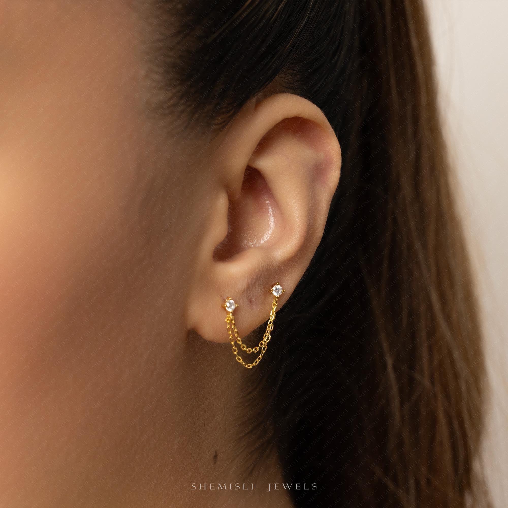Double Piercing Chain Stud, Earring, Minimalist Style, A-SS1333 - Etsy
