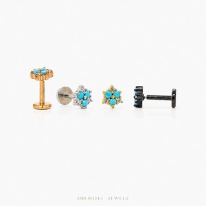 Petite boucle d'oreille sans filet à dos plat fleur turquoise, calibre 20,18,16, 5-10 mm unisexe, acier chirurgical SHEMISLI SS1000
