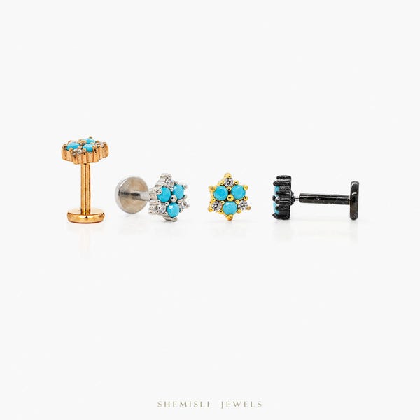 Turquoise Flower Stud, Threadless Flat Back Earring, Minimalist Style, A-SS1000