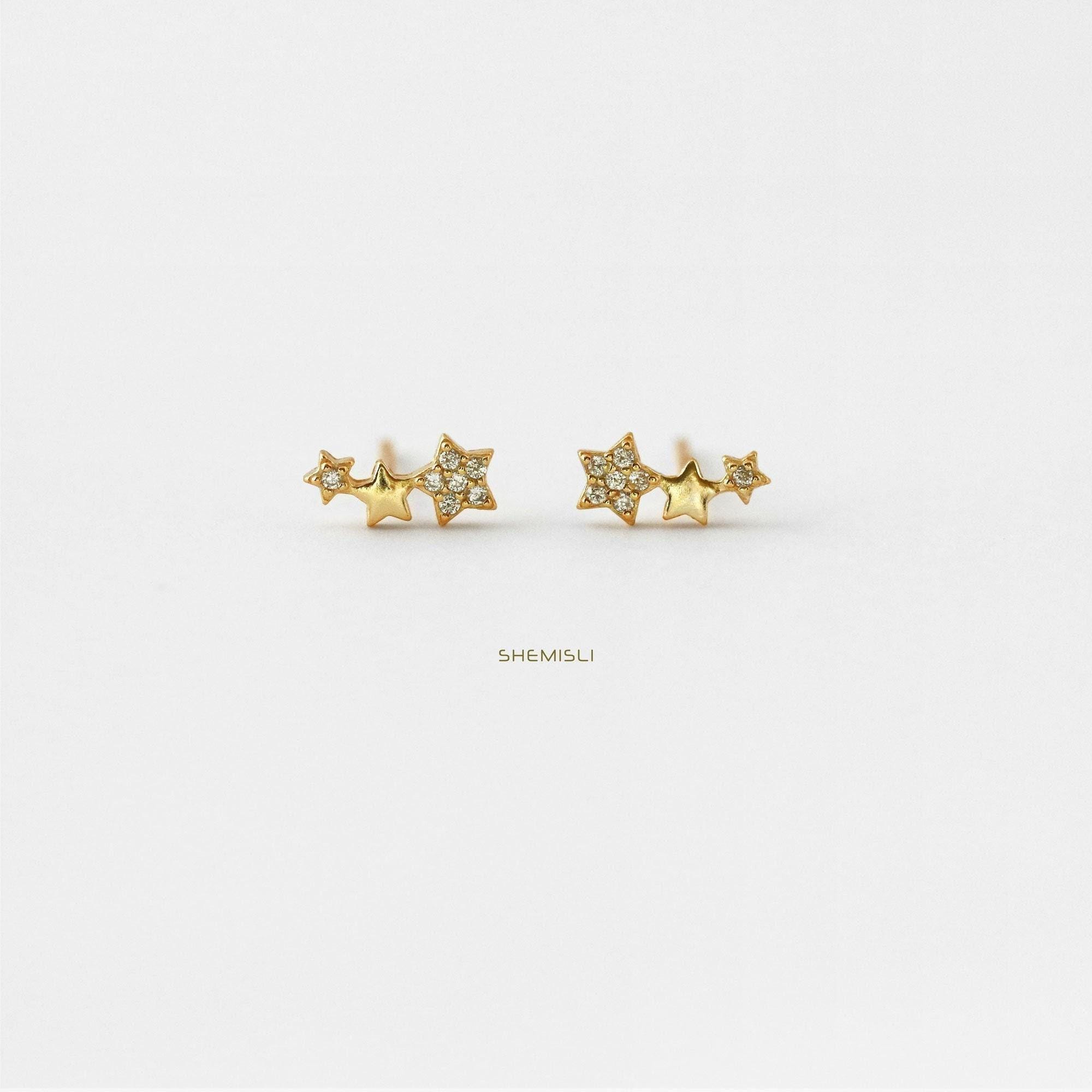 Three Stars CZ Stud Earring, Unisex, Gold, Silver - SS070 LR