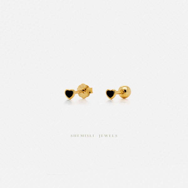 Black Enamel Heart Stud, Butterfly End or Screw Ball End Earring, Minimalist Style, A-SS433 SS434