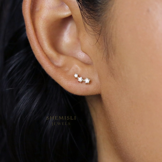 Tiny Triple White Stones Climber Stud Earrings Gold Silver