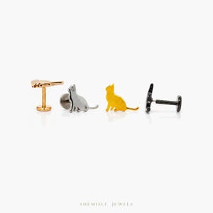 Tiny Cat Threadless Flat Back Earring, 20,18,16ga, 5-10mm Unisex, Surgical Steel SHEMISLI SS990