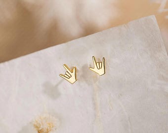 I-Love-You Hand Stud, Butterfly End or Screw Ball End Earring, Minimalist Style, A-SS675 SS676