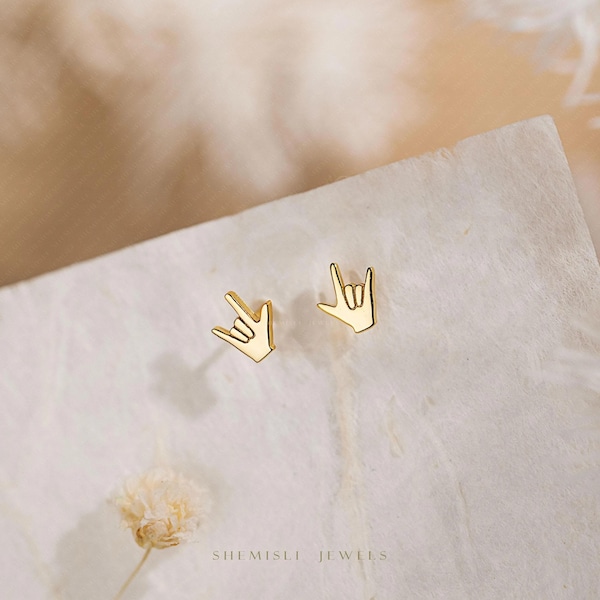 I-Love-You Hand Stud, Butterfly End or Screw Ball End Earring, Minimalist Style, A-SS675 SS676