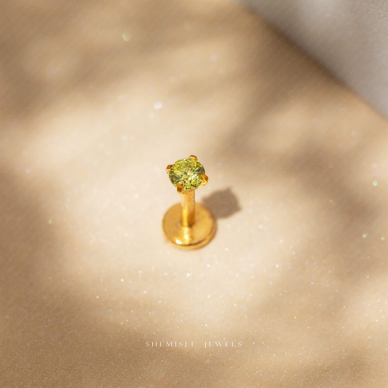 Peridot Stone Lip Stud, Threadless Flat Back, Minimalist Style, A-SS619 image 6