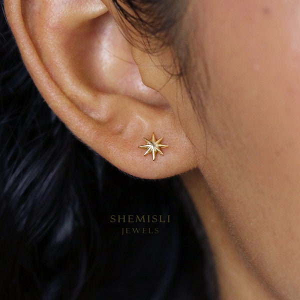 Tiny Star Studs Earrings, Starburst Studs, Celestial Earrings for Stacking Gold, Silver SHEMISLI - SS032