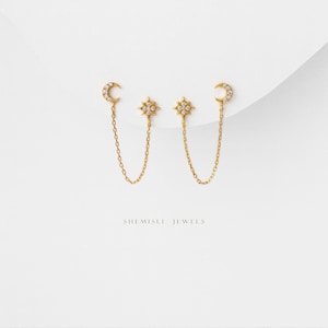 Boucles d'oreilles lune et étoile pour deux piercings, puces d'oreille étoile, unisexe, or, argent SHEMISLI SS156 LR