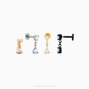 Petite boucle d'oreille sans filetage à dos plat, 2 pierres d'opale, calibre 20,18,16, 5-10 mm unisexe, acier chirurgical SHEMISLI SS893