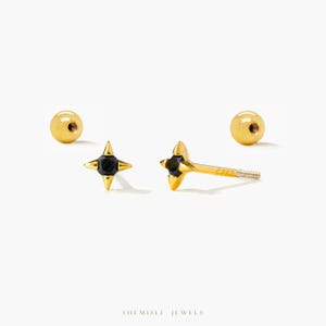 Petite étoile à 4 branches avec clou d'oreille en pierre noire noire avec vis sphérique, unisexe, or, argent SHEMISLI SS954
