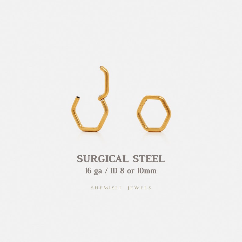 Hexagon Septum Ring, Nose Ring, Daith Hoop, Hinged Clicker Hoop, 16ga 8mm or 10mm, Surgical Steel, SHEMISLI SH238, SH239 image 3