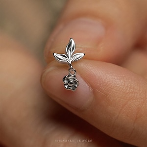 Tiny Leaf with Flower Drop Threadless Flat Back Earring, 20,18,16ga, 5-10mm Unisex, Surgical Steel SHEMISLI SS1259