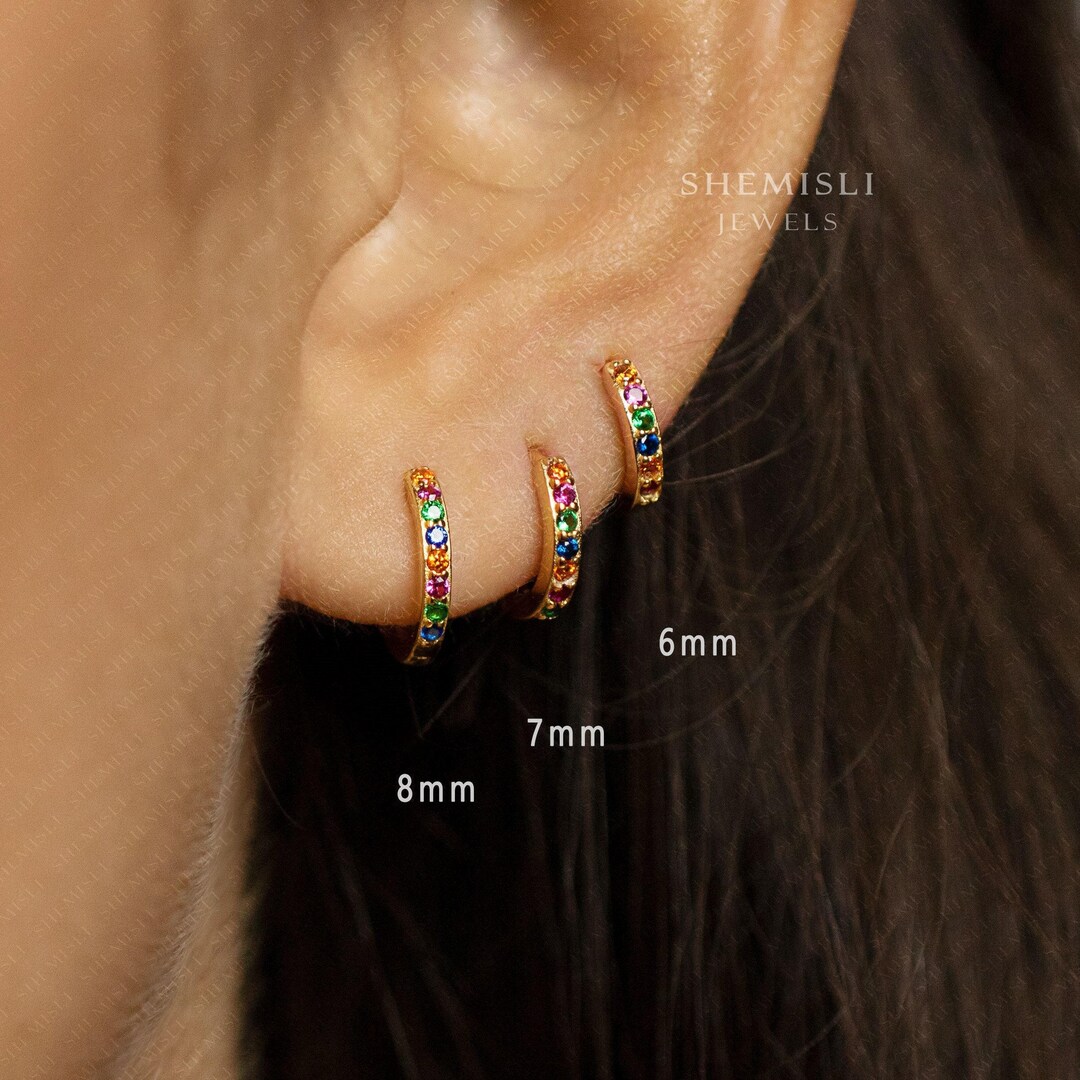 Multicolored Stone Hoop Earring, Rainbow Huggies, 6, 7, 8, 9