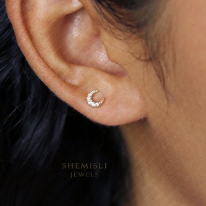 Clous d'oreilles Tiny Moon CZ, clous Luna, unisexe, or, argent SHEMISLI SS036 extrémité papillon, extrémité sphérique à vis SS352 (type A)