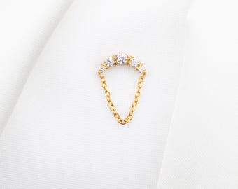 Gem Dangle Chain Stud, Threadless Flat Back Earring, Minimalist Style, A-SS1003