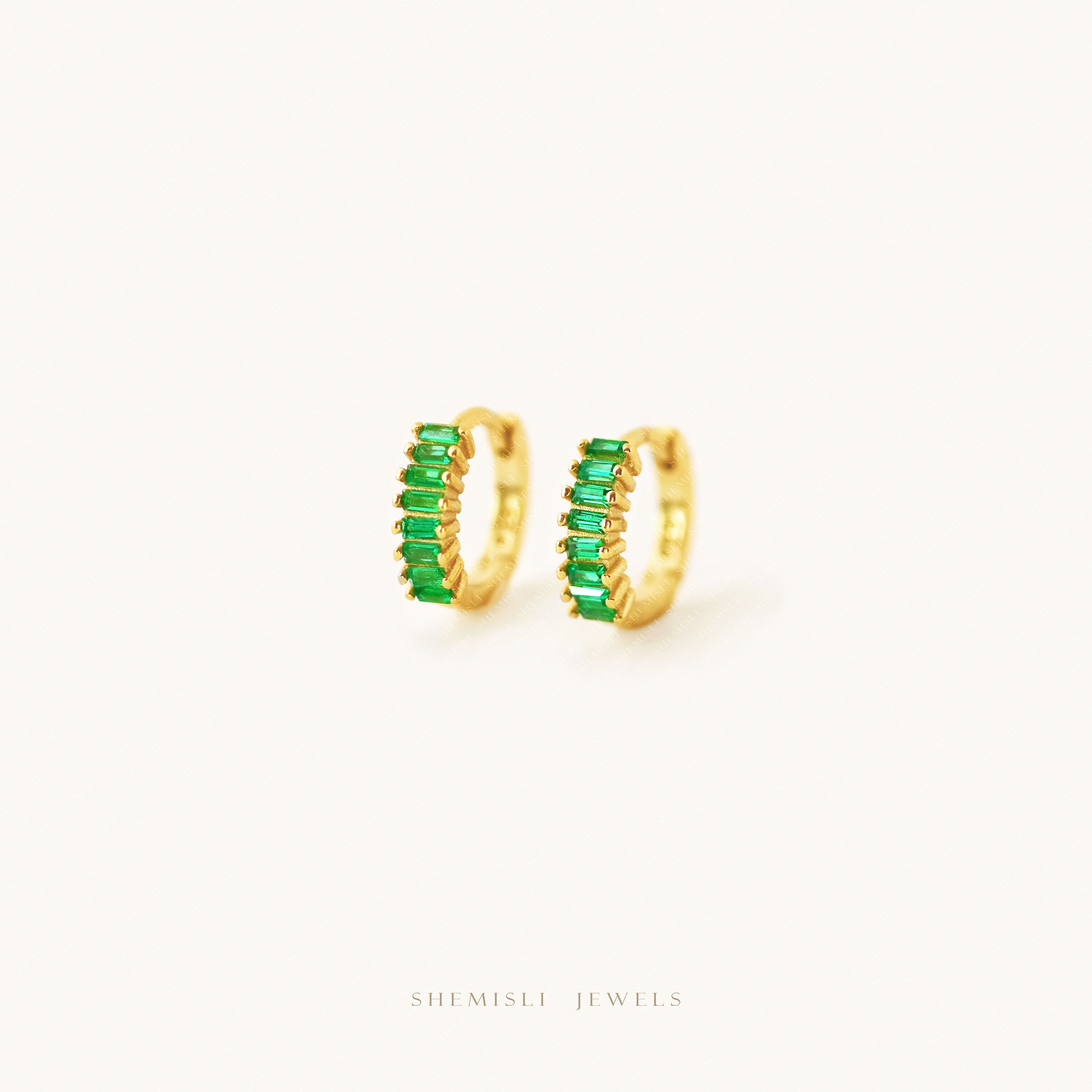 Baguette Lined CZ Hoops, White Stone, Emerald, Turquoise