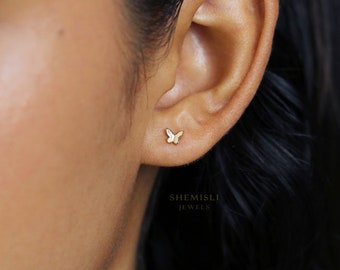 Tiny Butterfly Studs Earrings, Gold, Silver - SS042 Butterfly End, SS486 Screw Ball End (Type A)