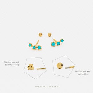 Clous d'oreilles grimpeur minuscules triples pierres turquoises, unisexe, or, argent SHEMISLI SS248 extrémité papillon, extrémité sphérique à vis SS491 (type A) LR