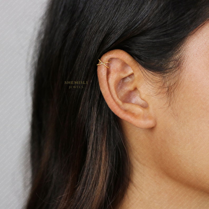 Tiny Thin Criss Cross Helix Cuff, Upper Ear Cuff, Earring No Piercing is Needed, Gold, Silver SHEMISLI SF048 NOBKG image 1